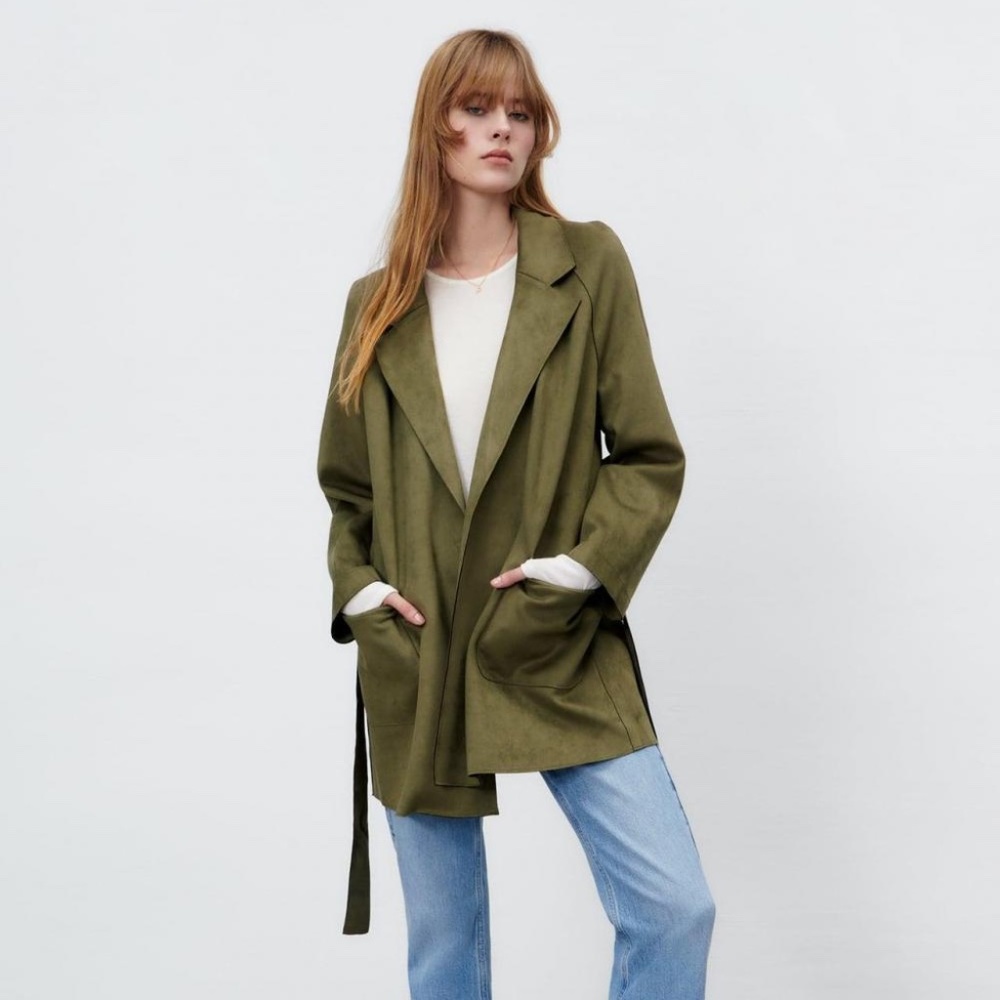 NWT ZARA BELTED FAUX SUEDE JACKET KHAKI S